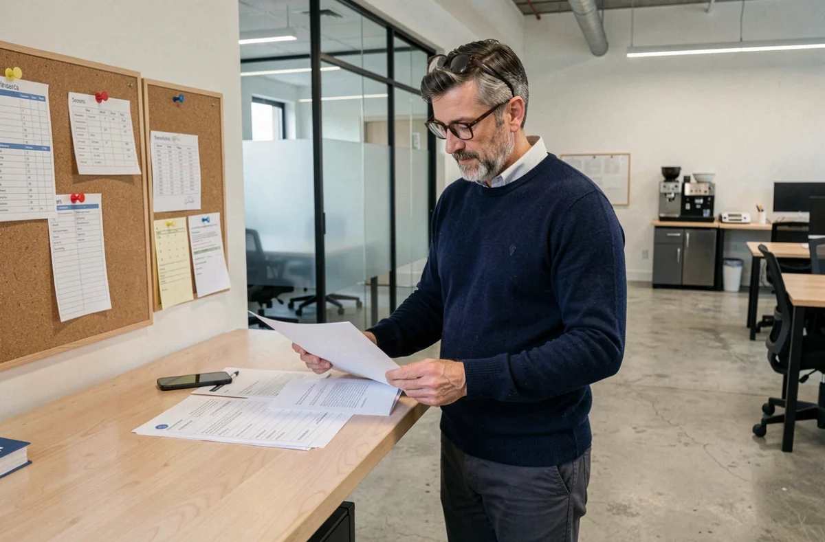 Homme professionnel debout à un bureau en coworking à Colomiers, consultant des documents dans un espace de travail partagé