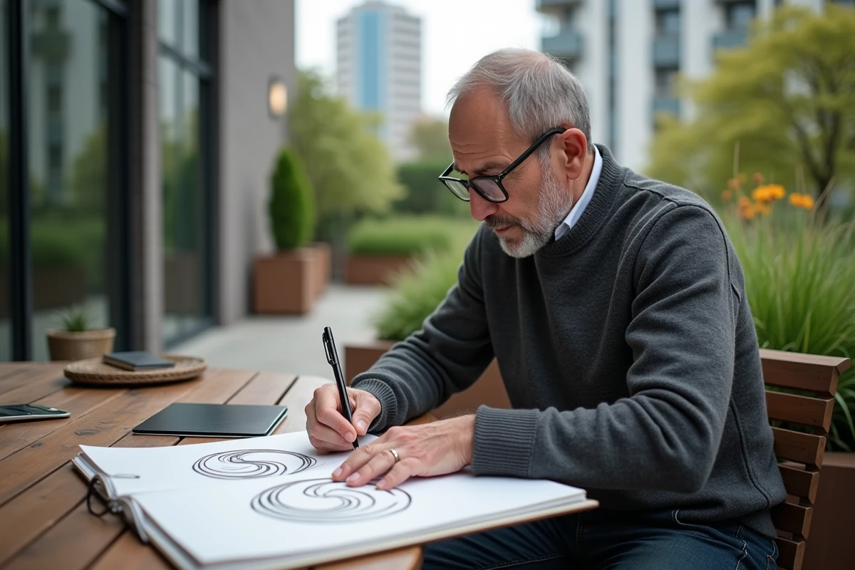 Homme en extérieur esquissant un logo circulaire dans un cadre urbain