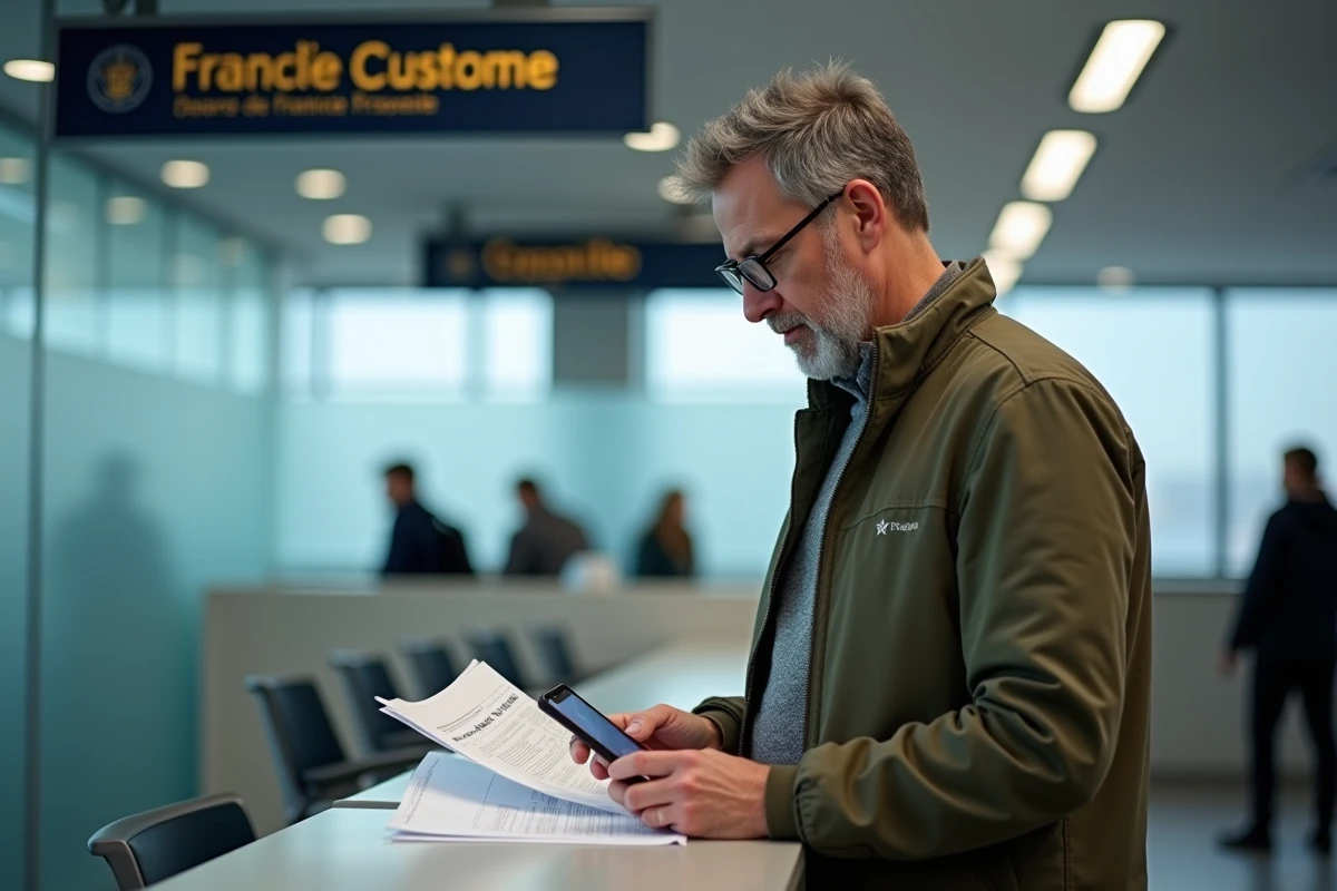 Homme consultant ses documents et le site Prodouane dans un bureau de douane français