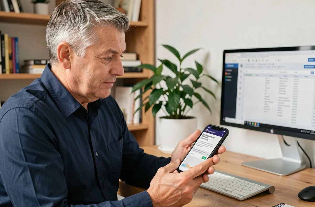Homme consultant une notification importante de document RH sur son smartphone dans un bureau à domicile