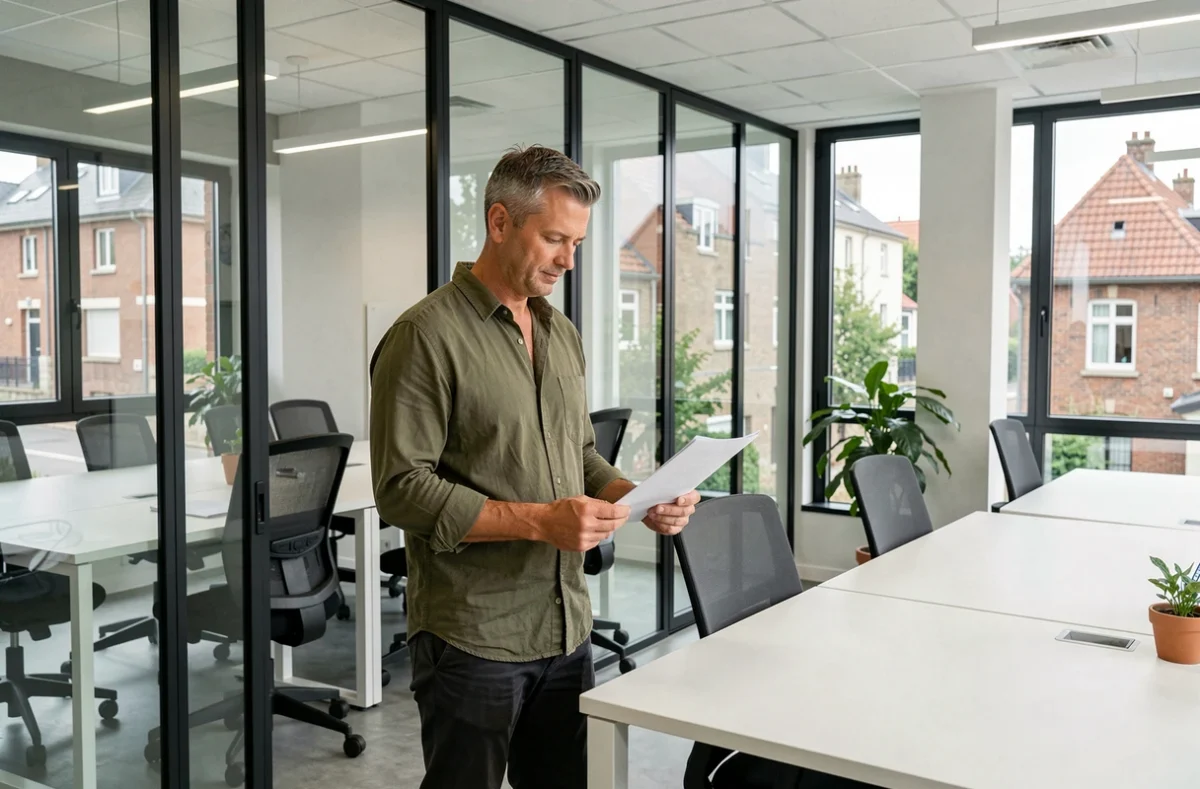 Homme consultant des documents dans un espace de coworking moderne proche de Marcq-en-Baroeul