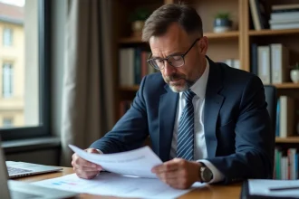 Homme français en costume examinant des documents fiscaux