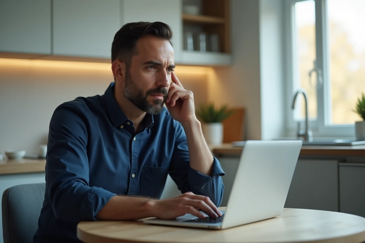 Homme pensif à une table de cuisine rédigeant sur ordinateur une lettre de rupture conventionnelle suite à un épuisement professionnel