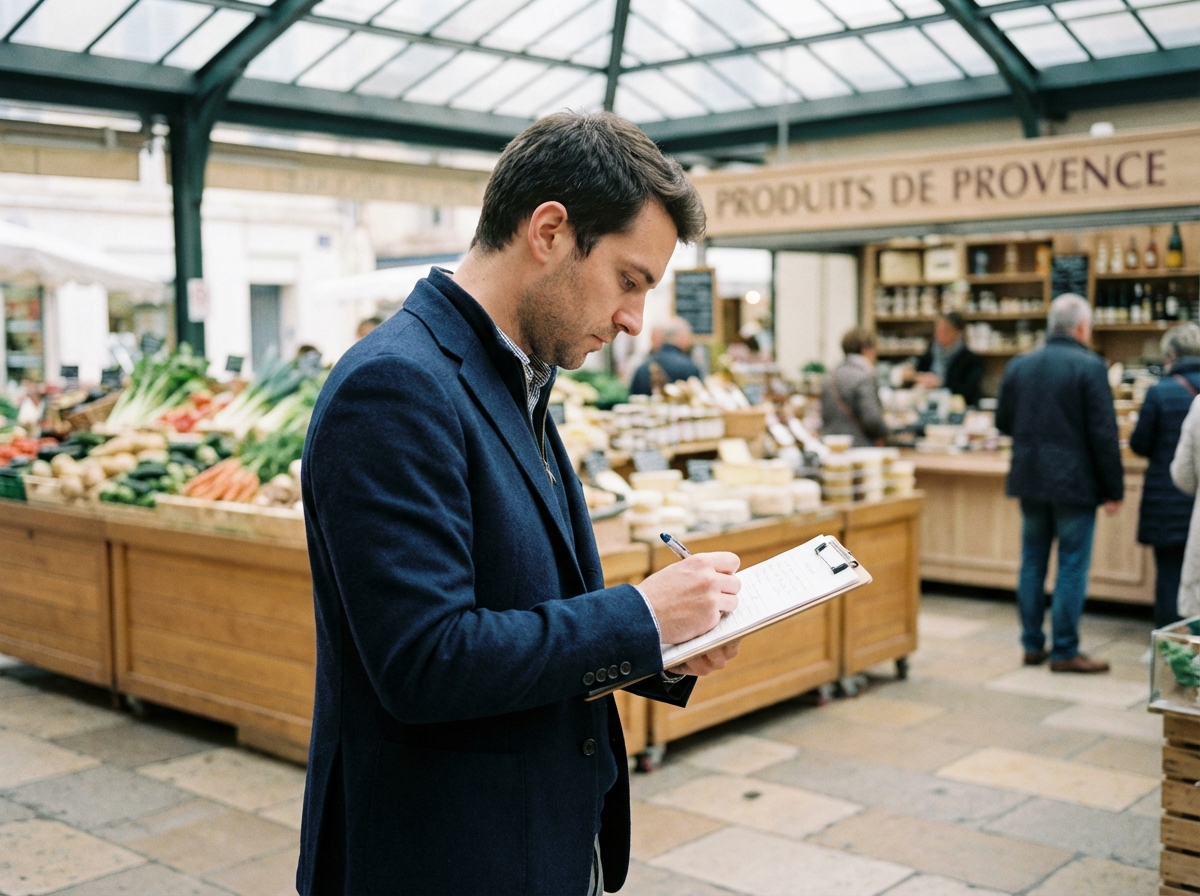 Jeune homme note dans un march&eacute; de Toulon