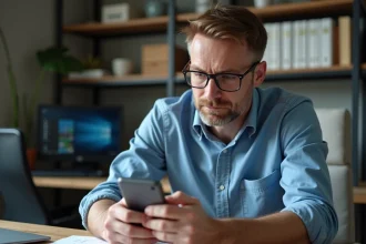 Homme d'âge moyen examinant un smartphone dans un bureau moderne