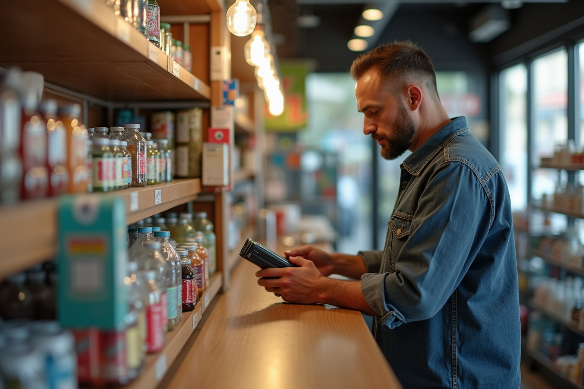 Homme en magasin effectue paiement avec terminal