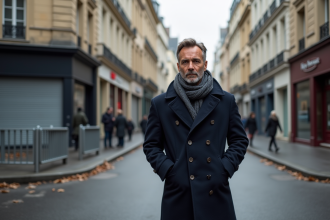 Homme d'âge moyen dans une rue parisienne calme