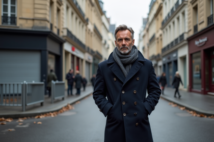 Homme d'âge moyen dans une rue parisienne calme