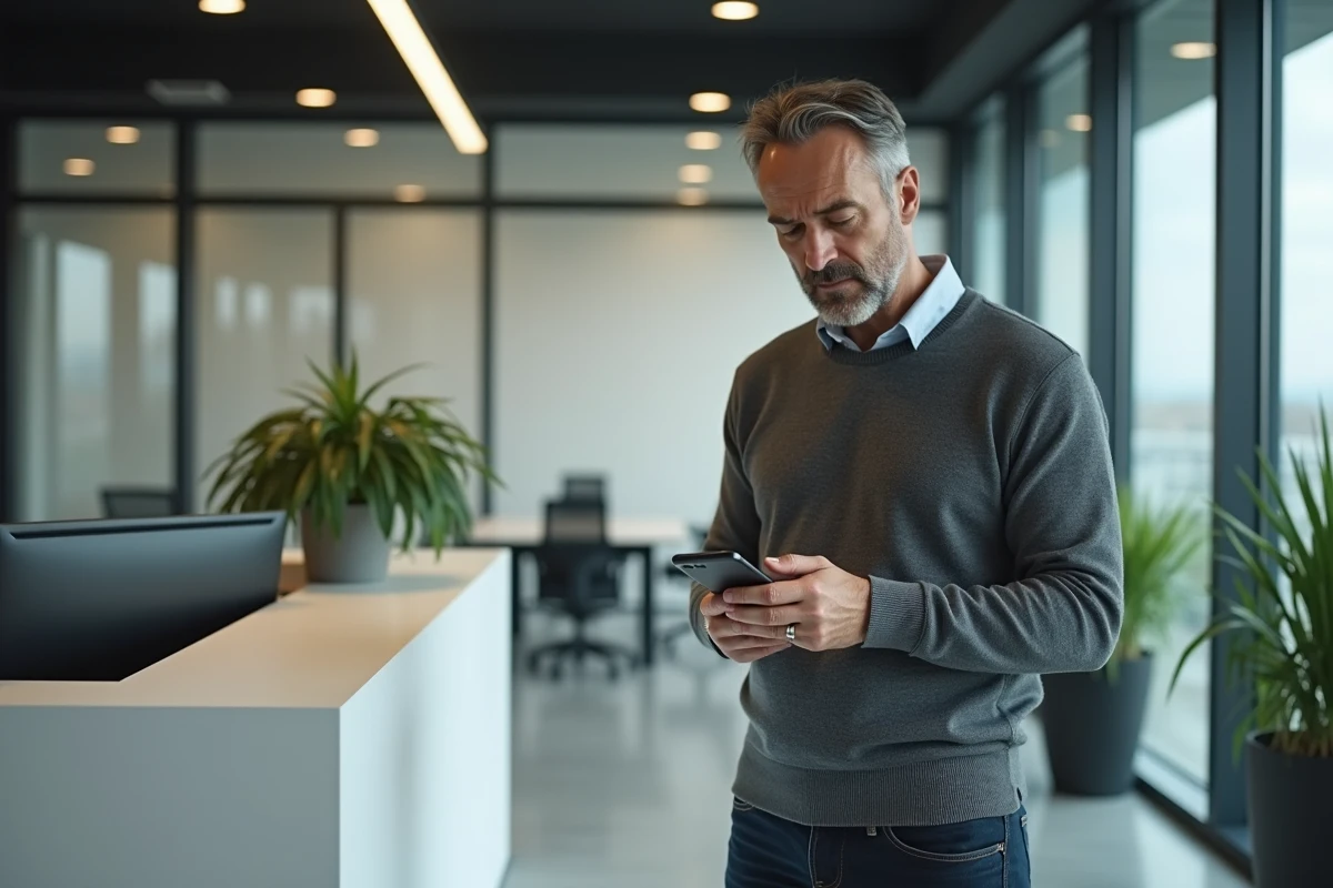 Homme perplexe utilisant son smartphone au bureau