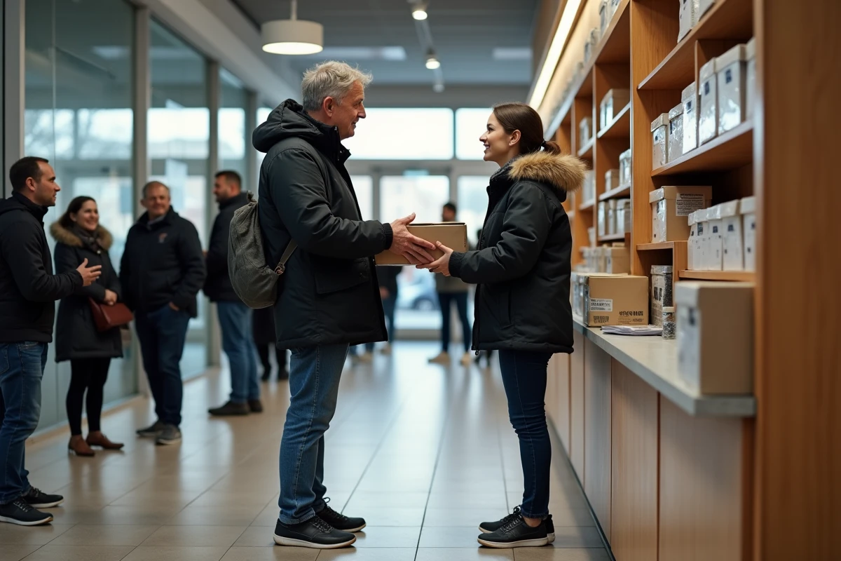 Homme recevant un colis au comptoir Mondial Relay intérieur