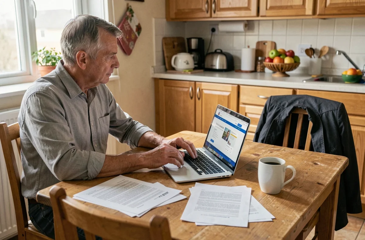 Un homme recherche ses droits au chômage en cas de faute grave sur son ordinateur portable à la maison, entouré de documents administratifs
