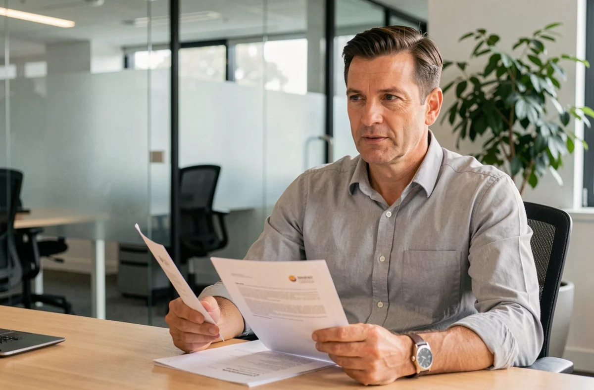 Homme en réunion RH tenant son contrat intérim pour discuter de ses heures de travail non effectuées
