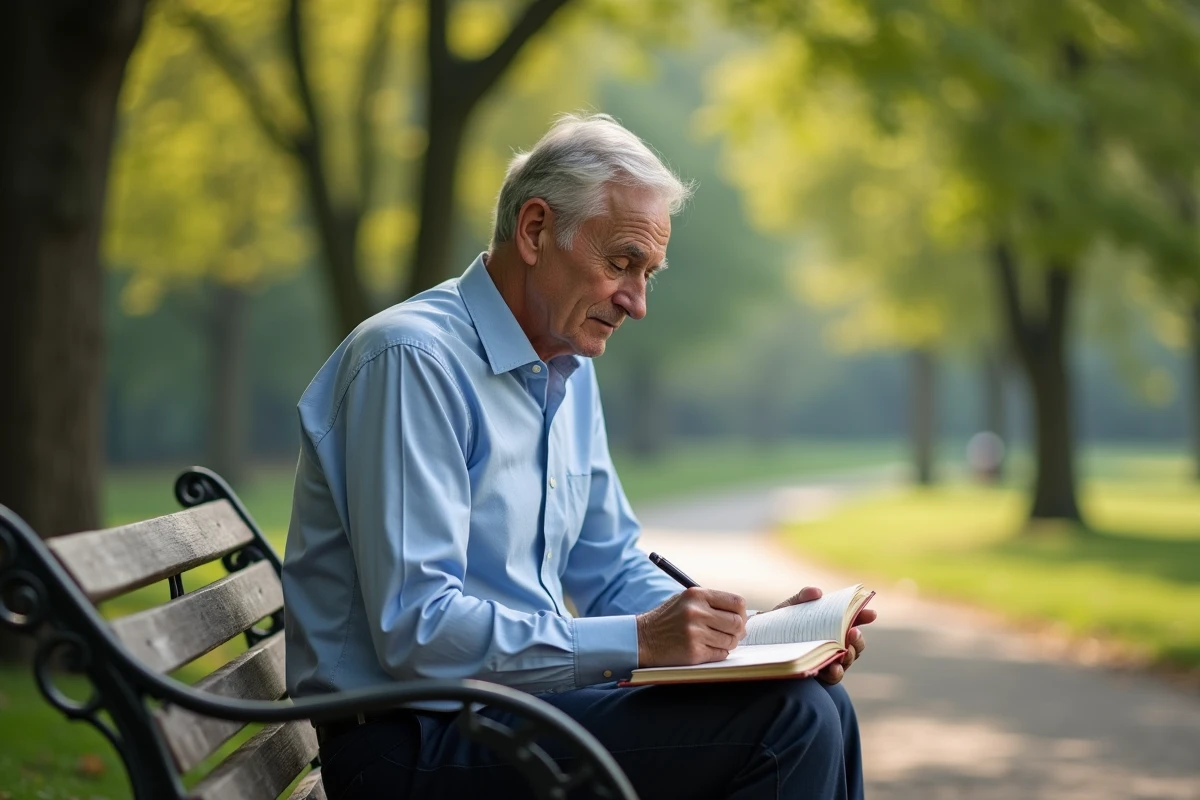 Homme mature écrivant dans un parc en plein air
