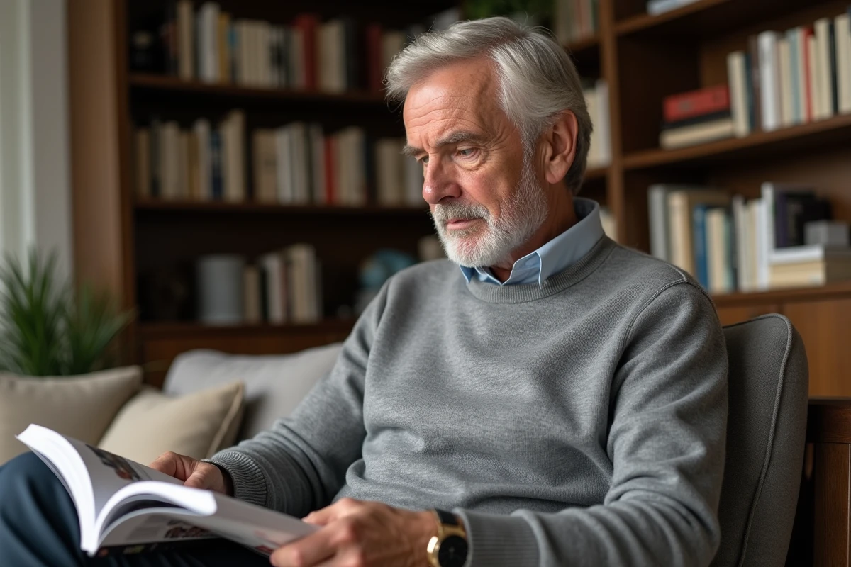 Homme âgé lisant un magazine dans un salon moderne