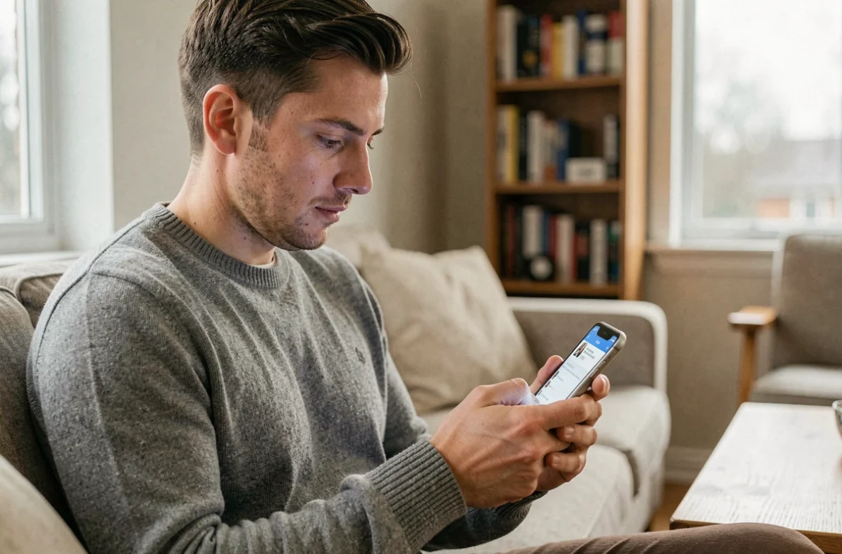 Jeune homme sur canapé utilisant son smartphone pour contacter le service client Elevetonbiz en ligne