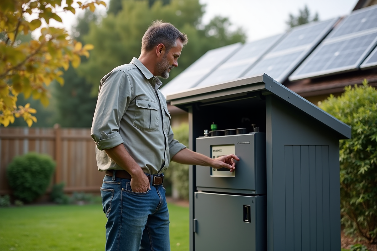 Homme regardant une batterie dans un abri de jardin avec panneaux solaires