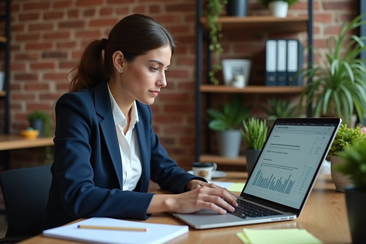 Indépendante analysant des données sur un outil PME comme Fouineteau 5P dans un espace de coworking