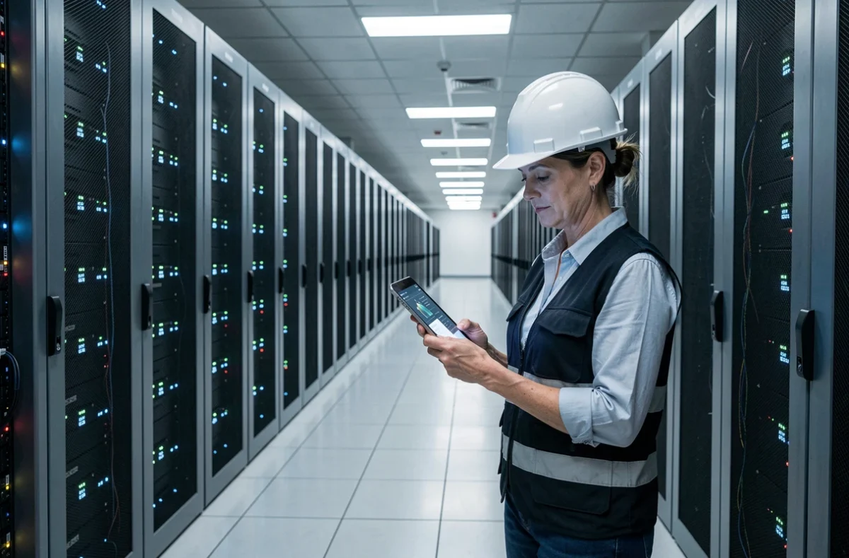 Ingénieure réseau inspectant une infrastructure serveur locale dans un datacenter professionnel