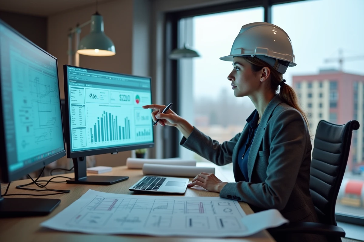 Ingénieure BTP analysant un logiciel de gestion et suivi de chantier sur ordinateur dans un bureau de chantier