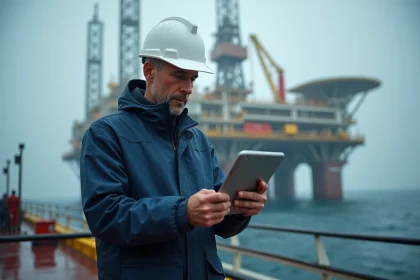 Ing&eacute;nieur en windbreaker sur plateforme offshore