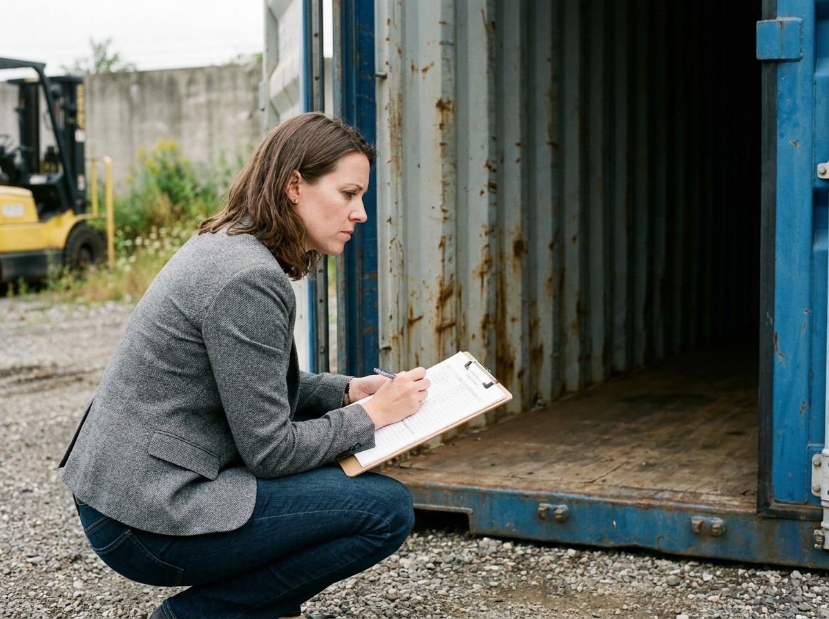 Femme d'affaires inspectant l'intérieur d'un container d'occasion pour une entreprise