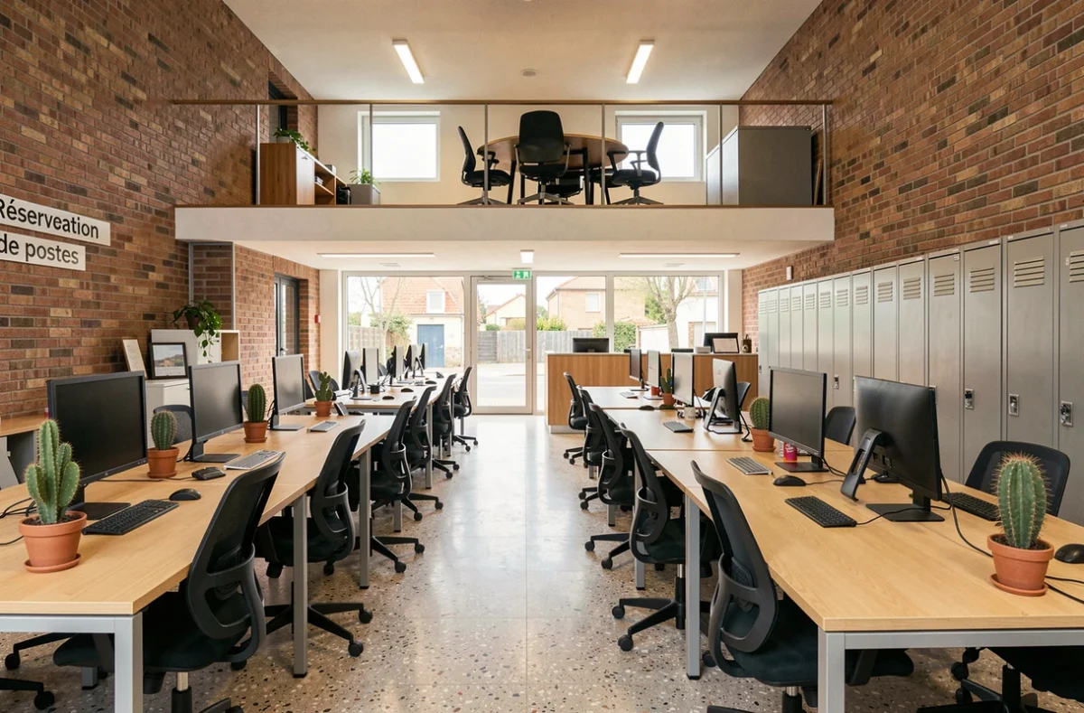 Vue intérieure d'un espace de coworking vide à Colomiers avec rangées de postes de travail disponibles à la location