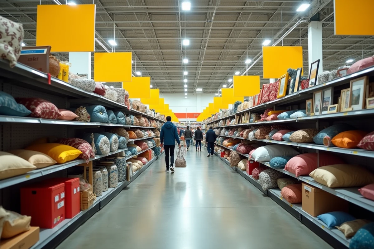 Intérieur d'un magasin de décoration en liquidation avec rayons à moitié vides, articles soldés et panneaux de promotions, évoquant la fermeture de magasins GiFi