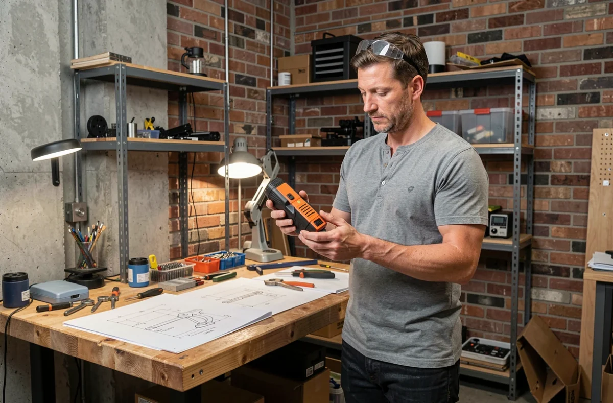 Inventeur tenant un prototype dans un atelier avant de déposer un brevet à l'INPI en France