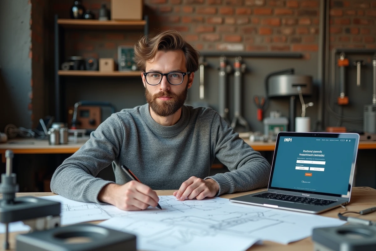 Inventeur masculin travaillant sur des prototypes mécaniques et consultant le site de l'INPI pour déposer un brevet