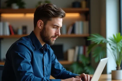 Jeune investisseur débutant analysant des graphiques financiers sur un ordinateur portable dans un bureau à domicile moderne