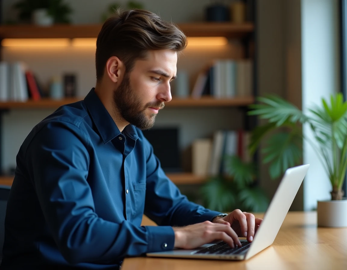 Jeune investisseur débutant analysant des graphiques financiers sur un ordinateur portable dans un bureau à domicile moderne