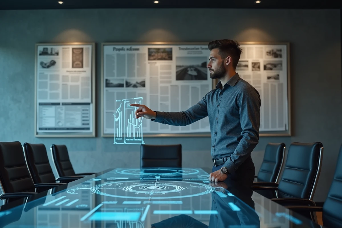 Jeune analyste présentant des infographies interactives en réunion
