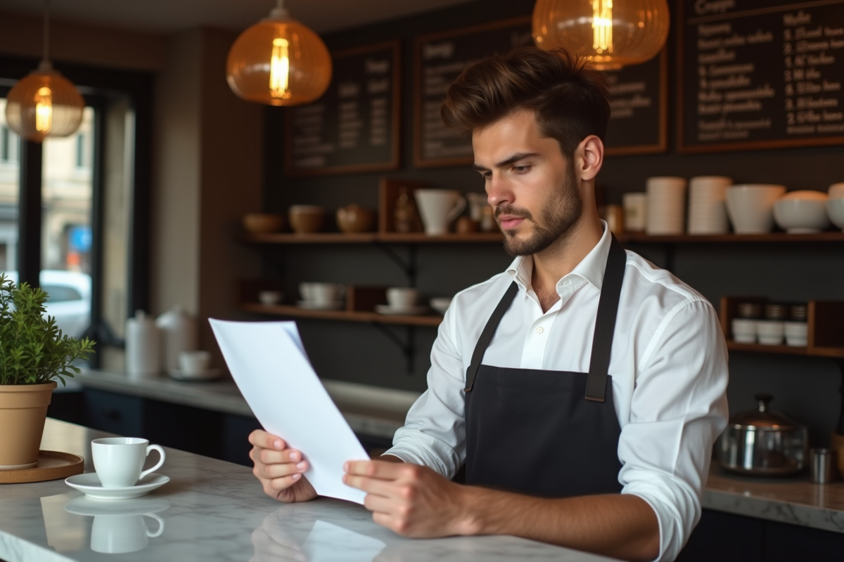 Jeune employé de café vérifiant une fiche de temps