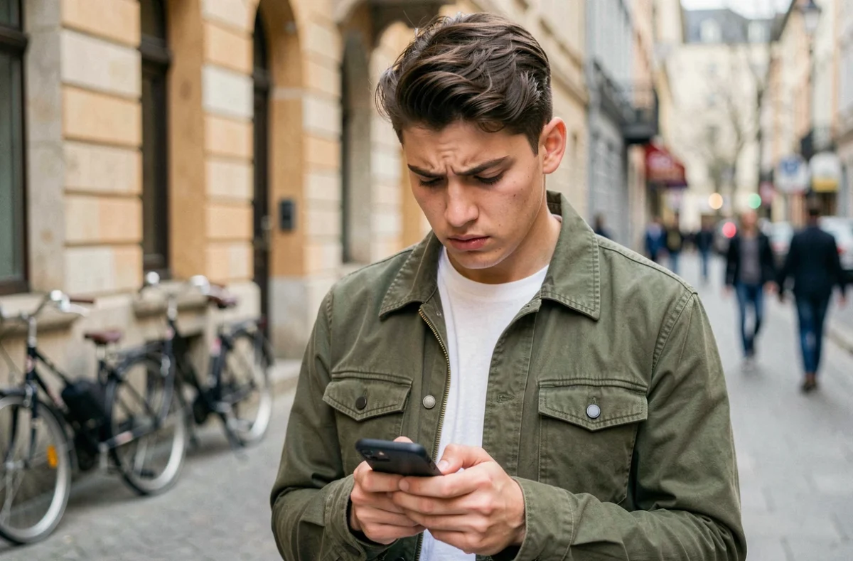 Jeune personne consultant le numéro Orange sur smartphone dans la rue