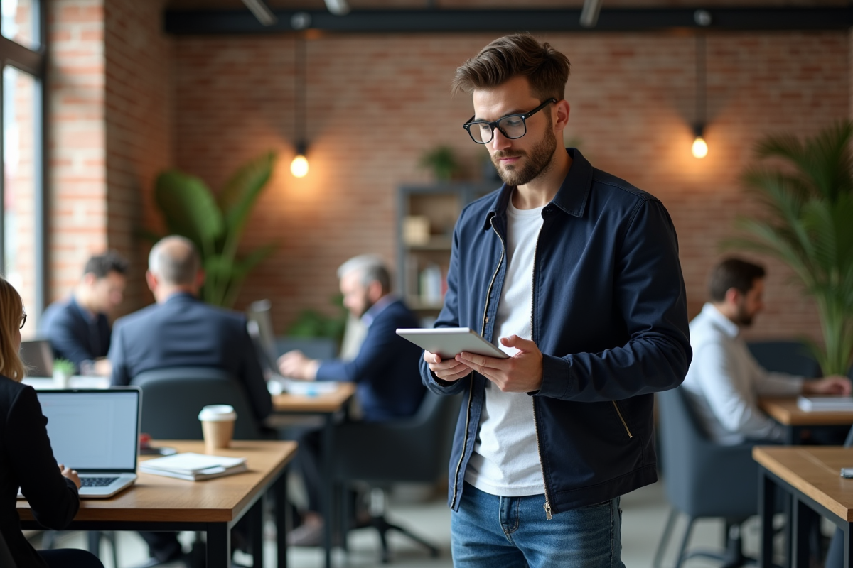 Jeune entrepreneur dans espace coworking dynamique
