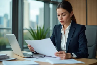 Jeune femme d'affaires examine des documents d'assurance dans son bureau
