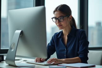 Jeune femme professionnelle au bureau regardant son écran