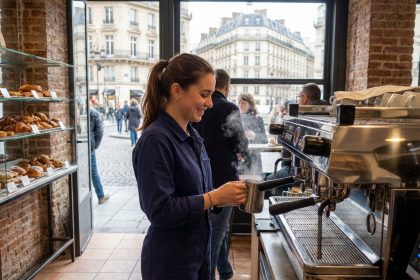 Jeune femme souriante prépare un cappuccino dans un café parisien