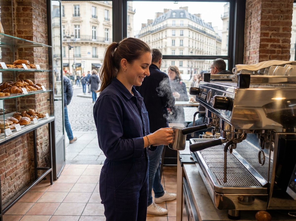 Jeune femme souriante prépare un cappuccino dans un café parisien