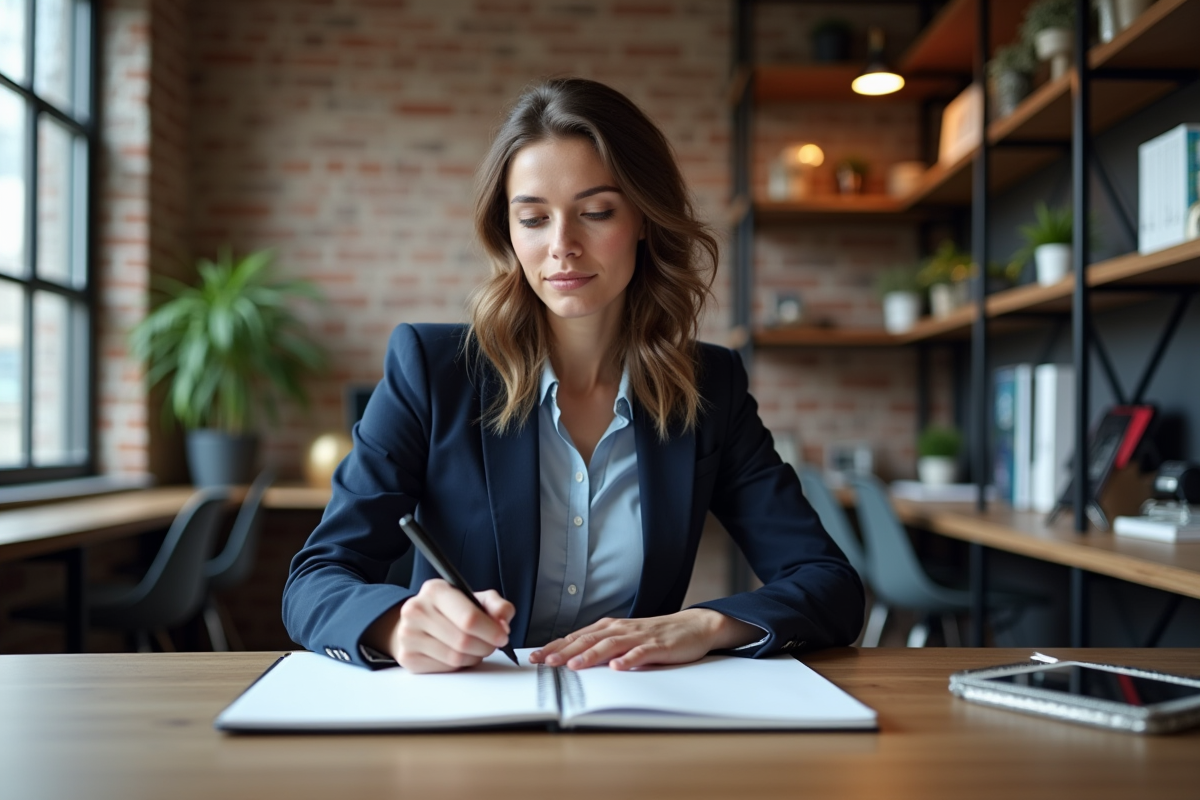 Jeune femme entrepreneure esquissant des idées dans un coworking