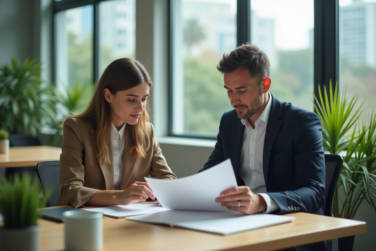 Jeune femme en formation avec un manager dans un bureau lumineux
