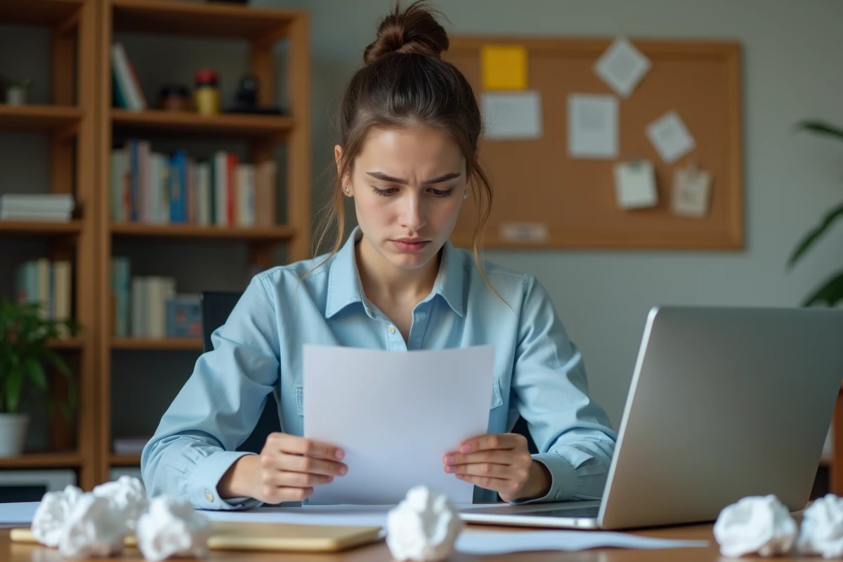Jeune femme relisant sa lettre de motivation pour un emploi d'été avec une expression préoccupée, entourée de brouillons froissés sur un bureau en bois
