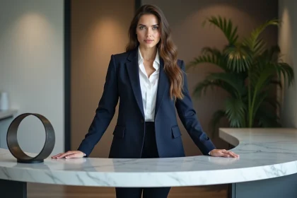 Jeune femme en blazer dans un bureau moderne et élégant
