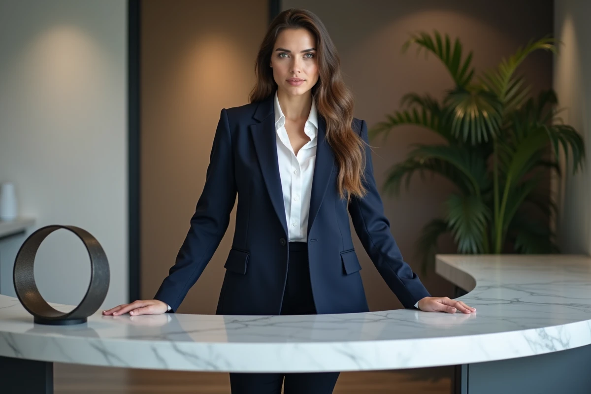 Jeune femme en blazer dans un bureau moderne et élégant