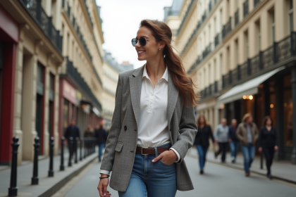 Jeune femme élégante dans une rue parisienne chic