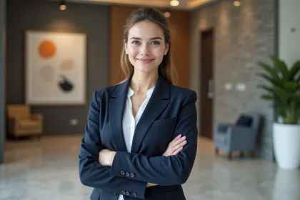 Jeune femme professionnelle en blazer navy dans un bureau moderne
