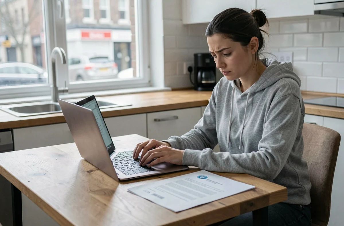 Jeune femme rédigeant un email de réclamation sur son contrat intérim depuis sa cuisine avec documents imprimés