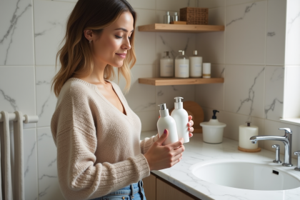 Jeune femme compare deux produits de soin visage dans sa salle de bain