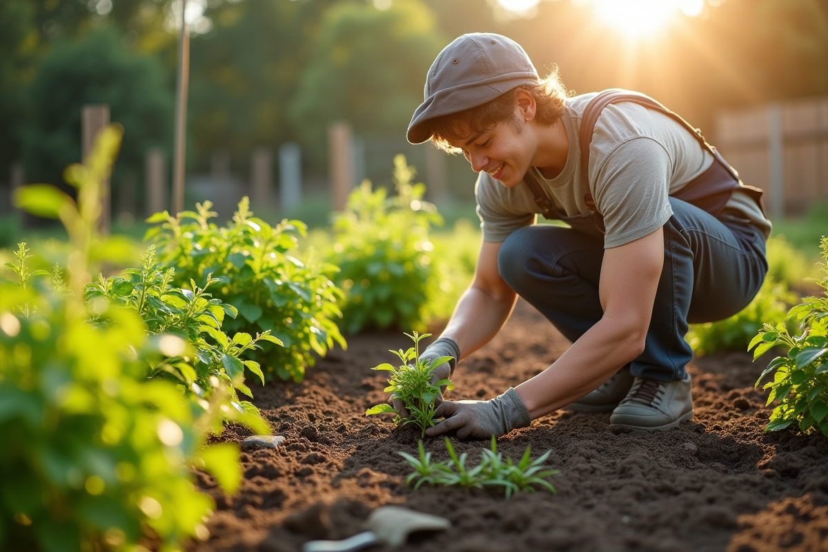 Jeune fermier plantant des herbes aromatiques dans un jardin ensoleille