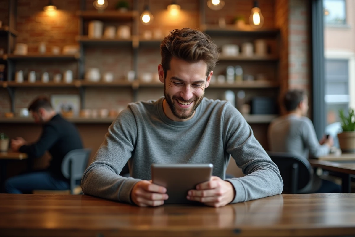 Jeune homme souriant vérifiant ses ventes en ligne au café